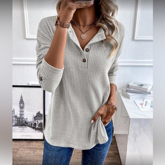 Light Gray Ribbed Henley Sweater - Picture 5 of 6